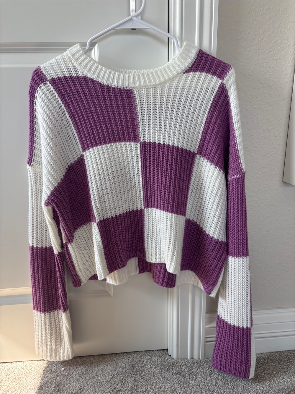 T.J.Maxx Purple & White Checkerboard Crewneck Sweater